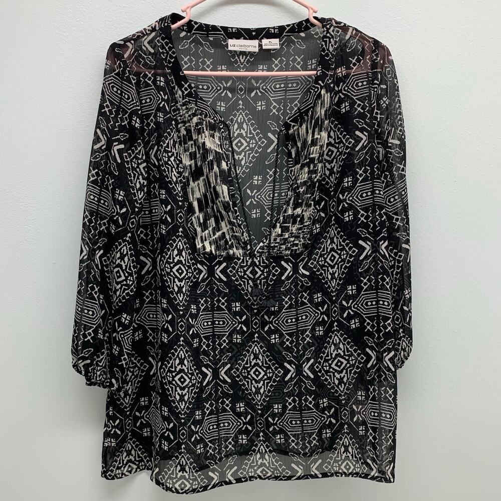 Liz Claiborne Blouse Womens Petite Large PL Black White Sheer Tunic 3/4 Sleeve